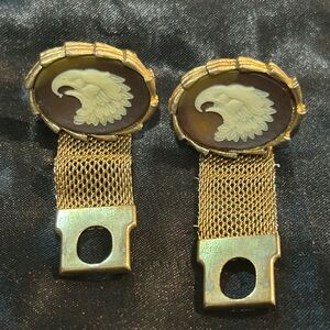 VTG Swank Cufflinks Gold Tone Mesh Incolay Eagle Cameo Clips